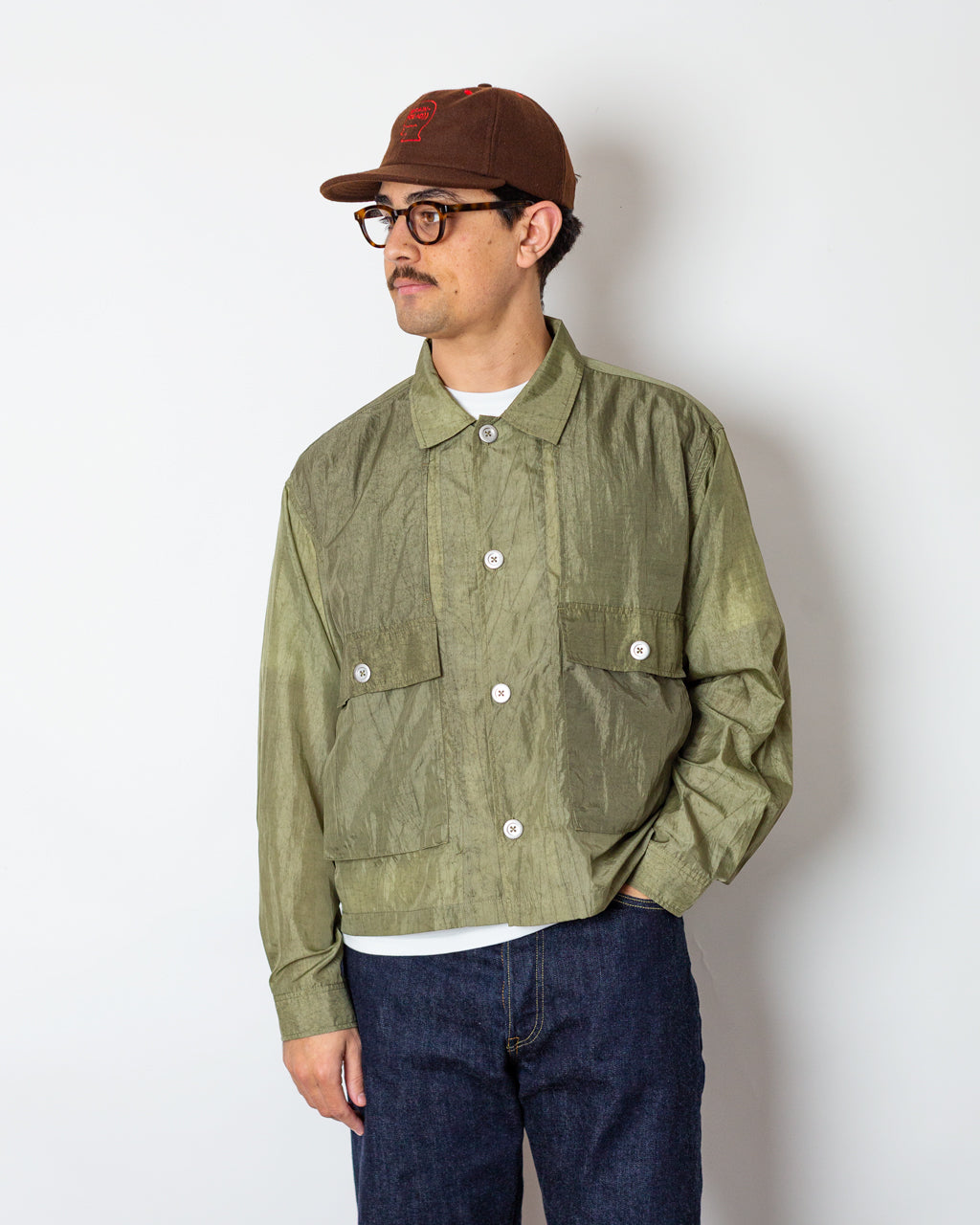 Cropped Nylon Button Up Shirt - Army