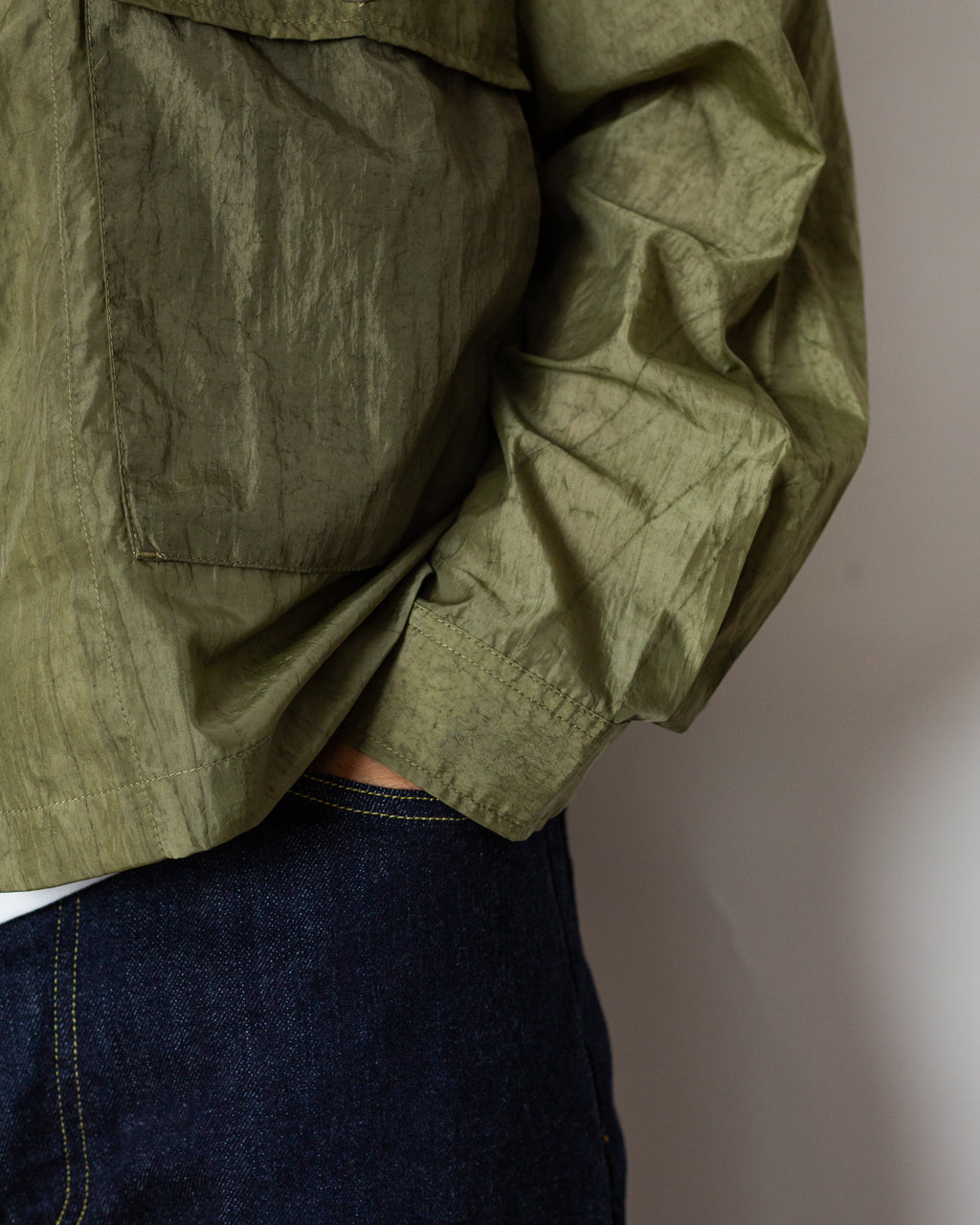 Cropped Nylon Button Up Shirt - Army