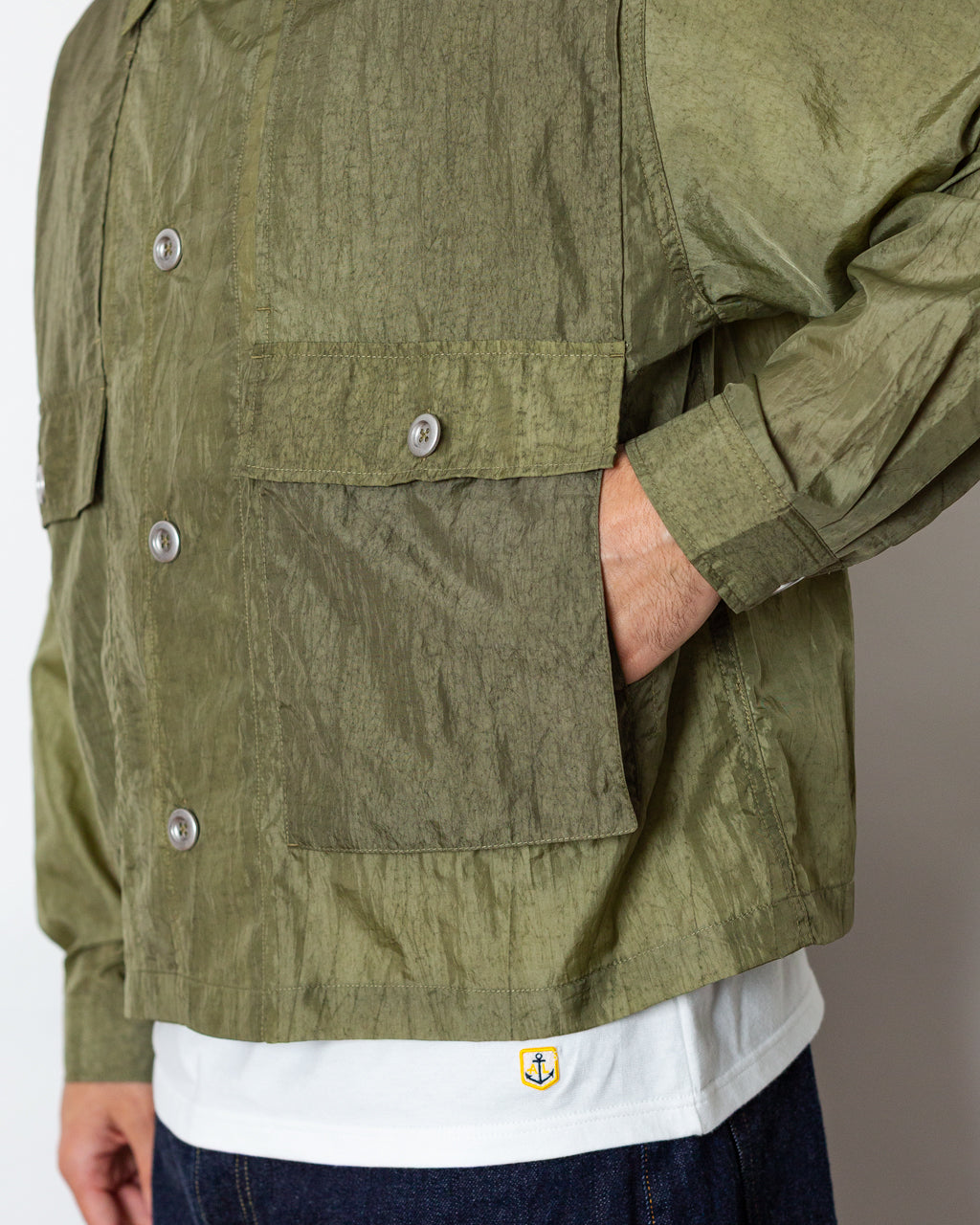 Cropped Nylon Button Up Shirt - Army
