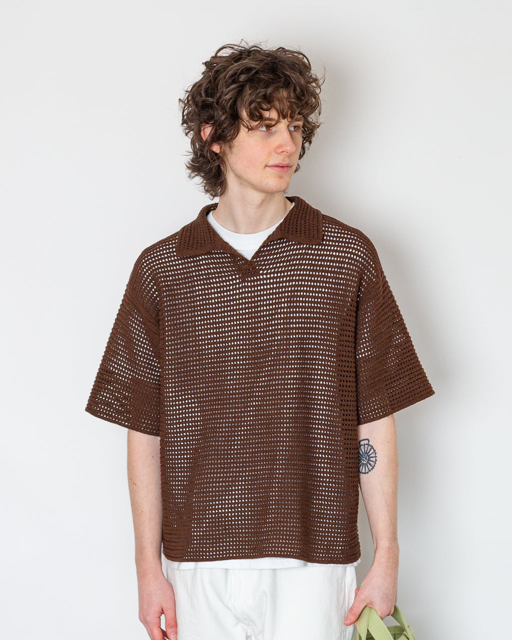 Tussah Silk Cotton Mesh Polo - Brown