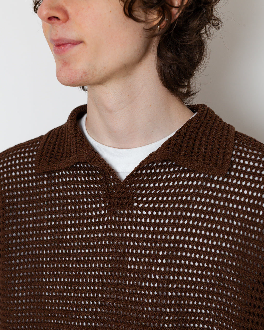 Tussah Silk Cotton Mesh Polo - Brown