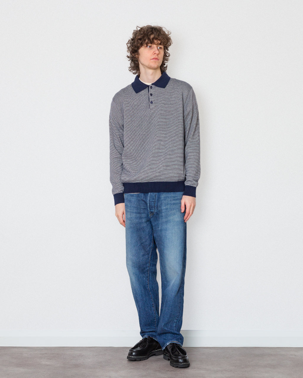 Microstripe LS Polo - Navy/Ecru