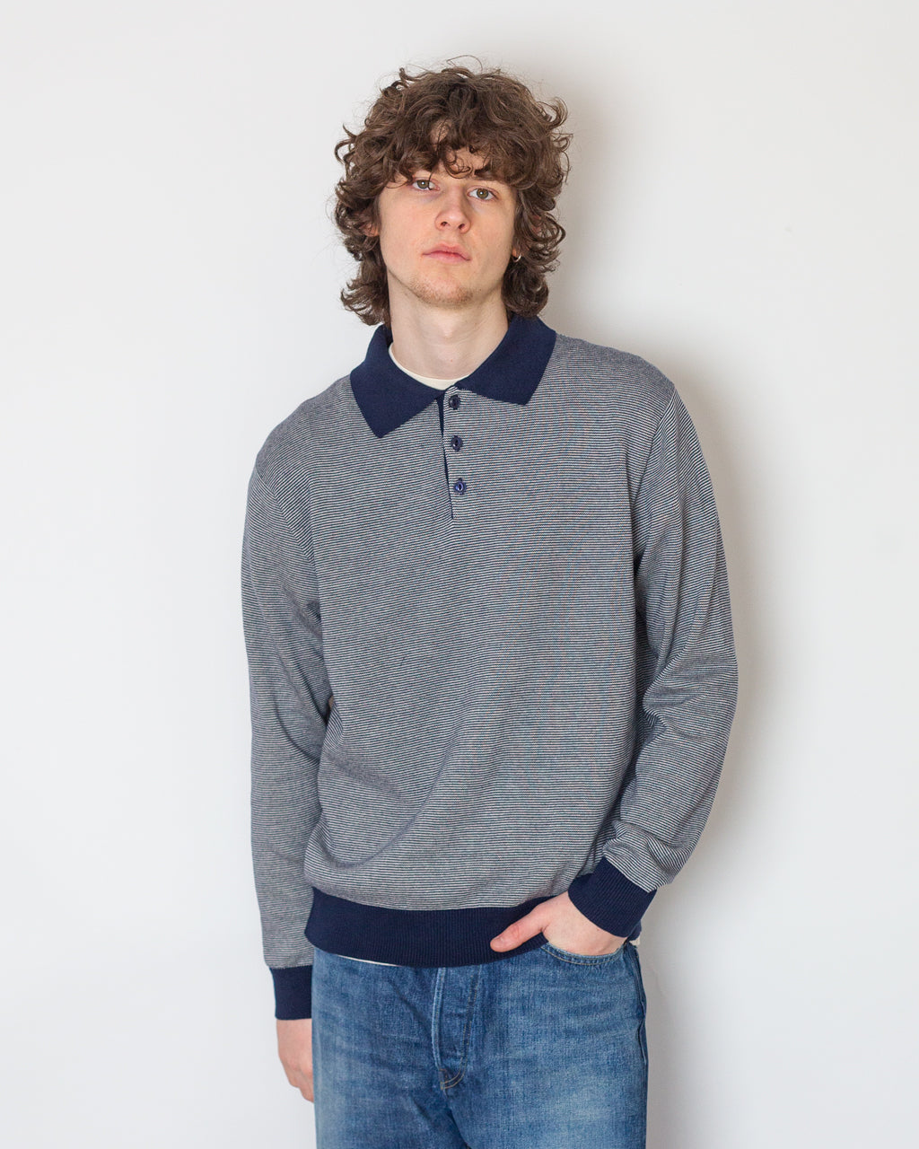 Microstripe LS Polo - Navy/Ecru