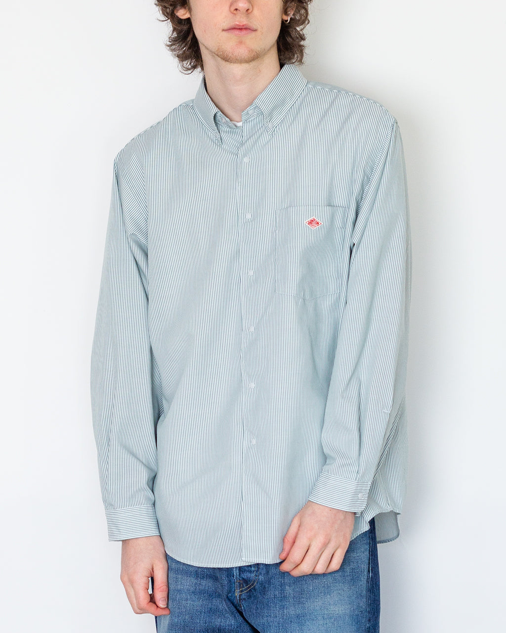 Dot Button B.D. Shirt - White/Green Stripe