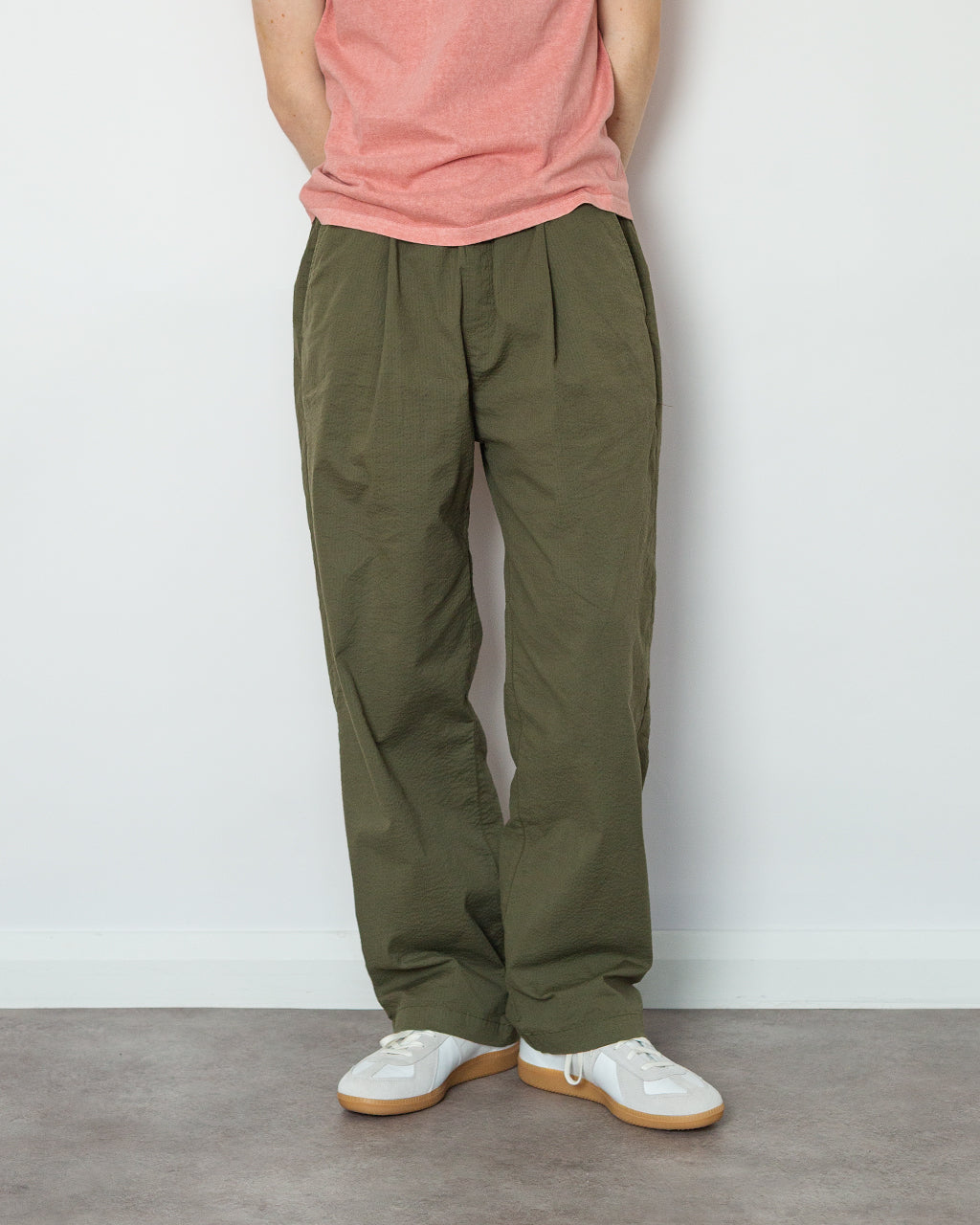 Drawcord Loose Trouser - Dark Olive Seersucker
