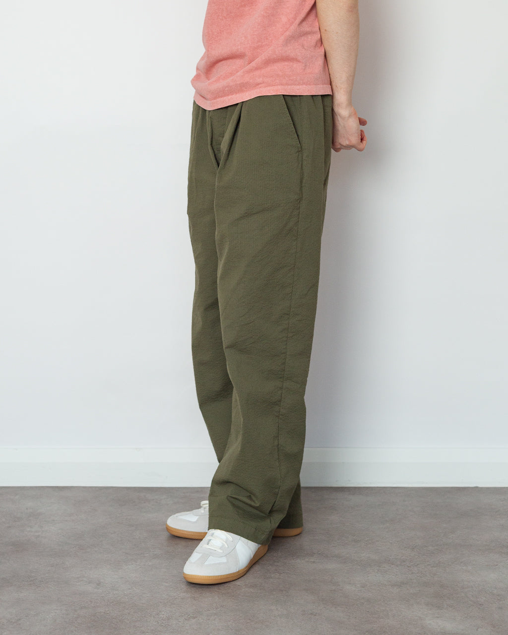 Drawcord Loose Trouser - Dark Olive Seersucker