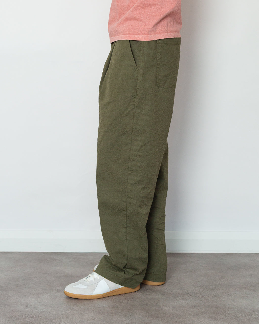 Drawcord Loose Trouser - Dark Olive Seersucker
