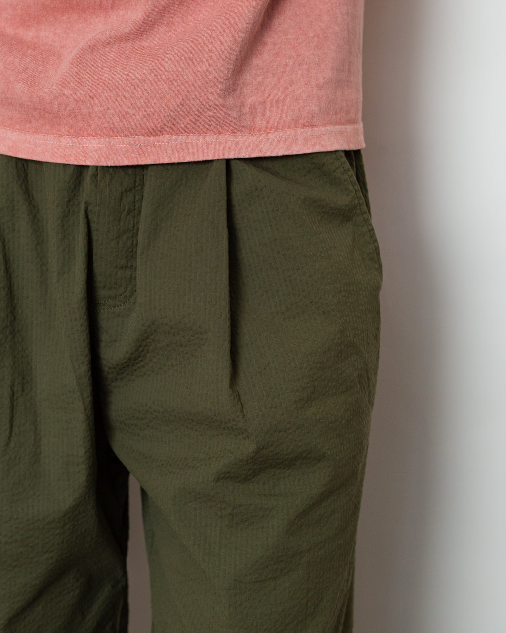 Drawcord Loose Trouser - Dark Olive Seersucker