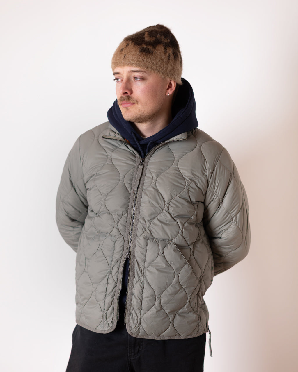 Military Hi Neck Zip Down Jacket - Dark Sage Green